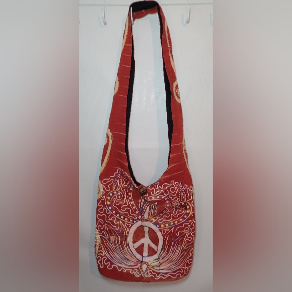 Bohemian Red Peace Sign Shoulder, Peddler Bag By Gypsy Rose. Made In Nepal